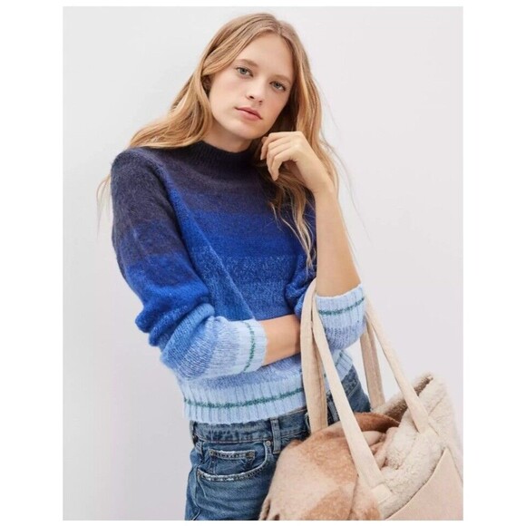 American Eagle Women's Sweater Mock Neck Ribbed Knit Blue Ombre Crop Size Med - Picture 1 of 16